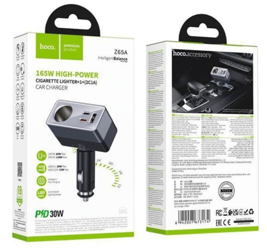 Auto nabíječka HOCO Z65A, 165W, 3A, 1 x zapalovačový adaptér - 1 x USB-A - 2 x USB-C, černá