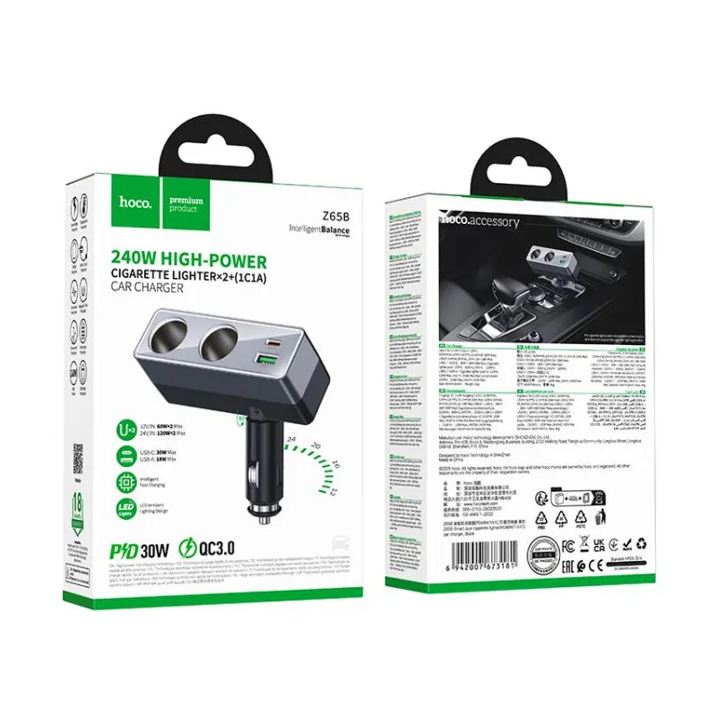 Auto nabíječka HOCO Z65B, 240W, 1 x USB-A - 1 x USB-C - 2 x Rozšíření zapalovače, černá