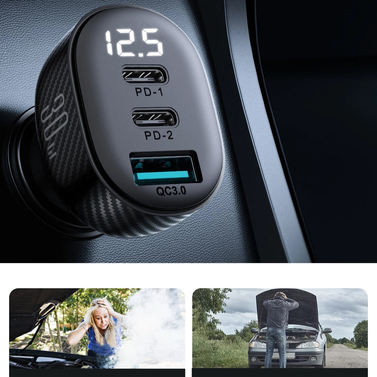 Autonabíječka Joyroom JR-CCD04, 30W, 3A, 1 x USB-A - 2 x USB-C, Černá