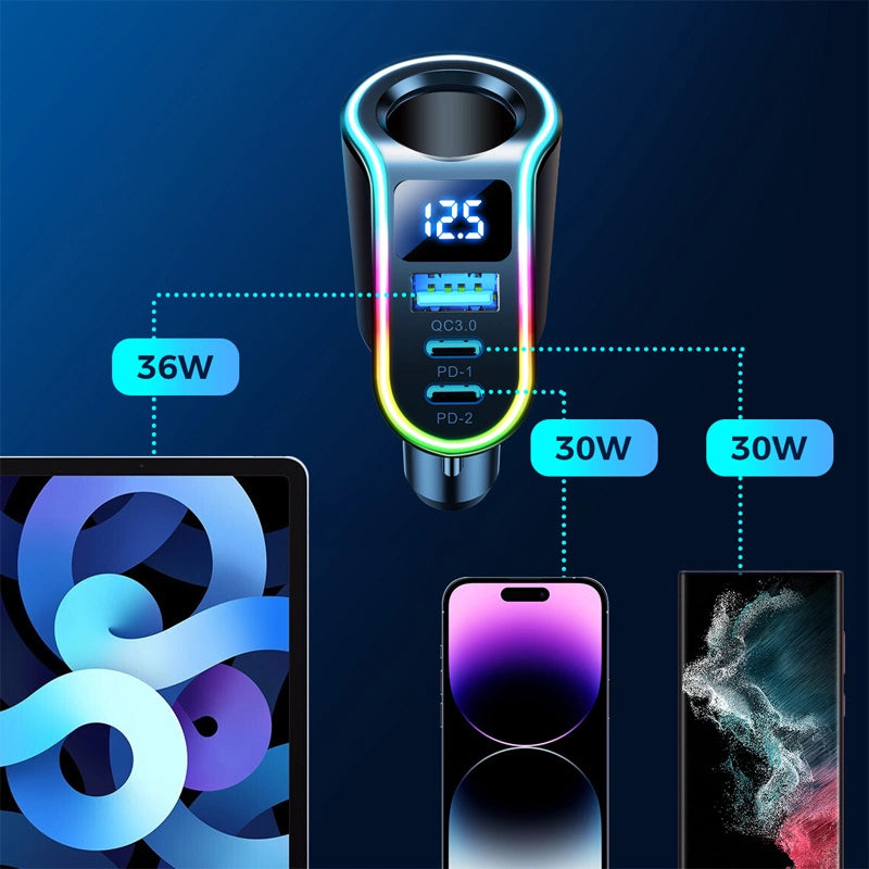 Joyroom JR-CL21 Car Charger, 150W, 3A, 1 x Cigarette Lighter Extension - 1 x USB-A - 2 x USB-C, Black