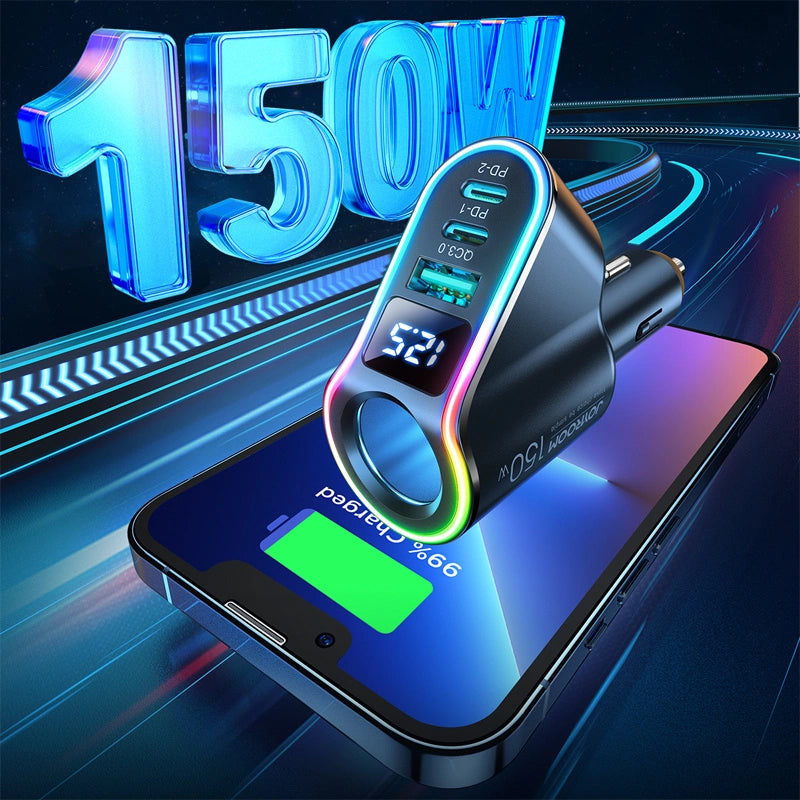 Joyroom JR-CL21 Car Charger, 150W, 3A, 1 x Cigarette Lighter Extension - 1 x USB-A - 2 x USB-C, Black