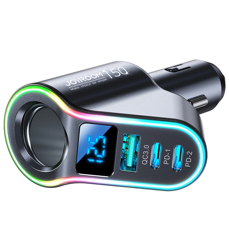Joyroom JR-CL21 Car Charger, 150W, 3A, 1 x Cigarette Lighter Extension - 1 x USB-A - 2 x USB-C, Black