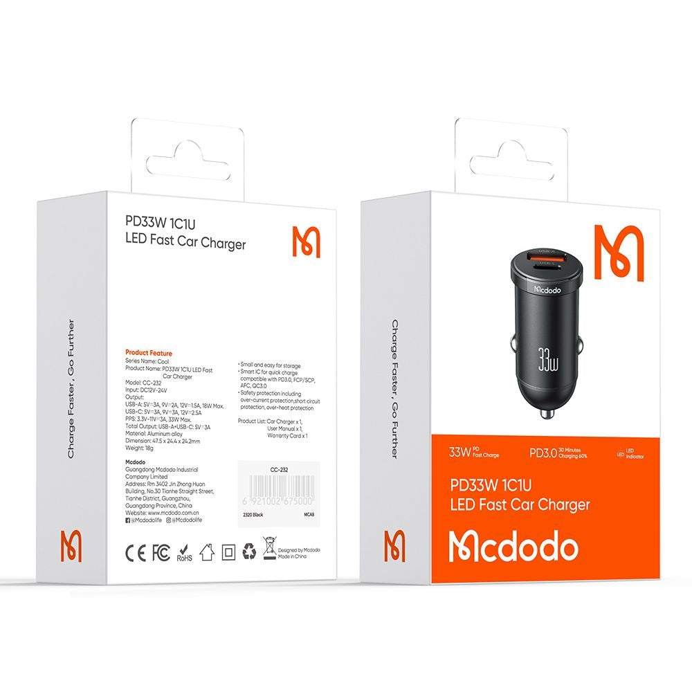 Auto nabíječka McDodo CC-2320 Cool, 33W, 3A, 1 x USB-A - 1 x USB-C, Černá
