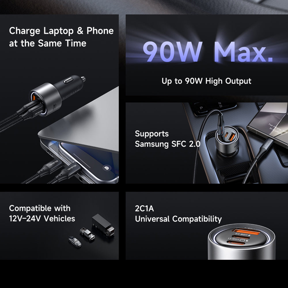 Auto nabíječka McDodo CC-3110 Gana, 90W, 3A, 1 x USB-A - 2 x USB-C, černá