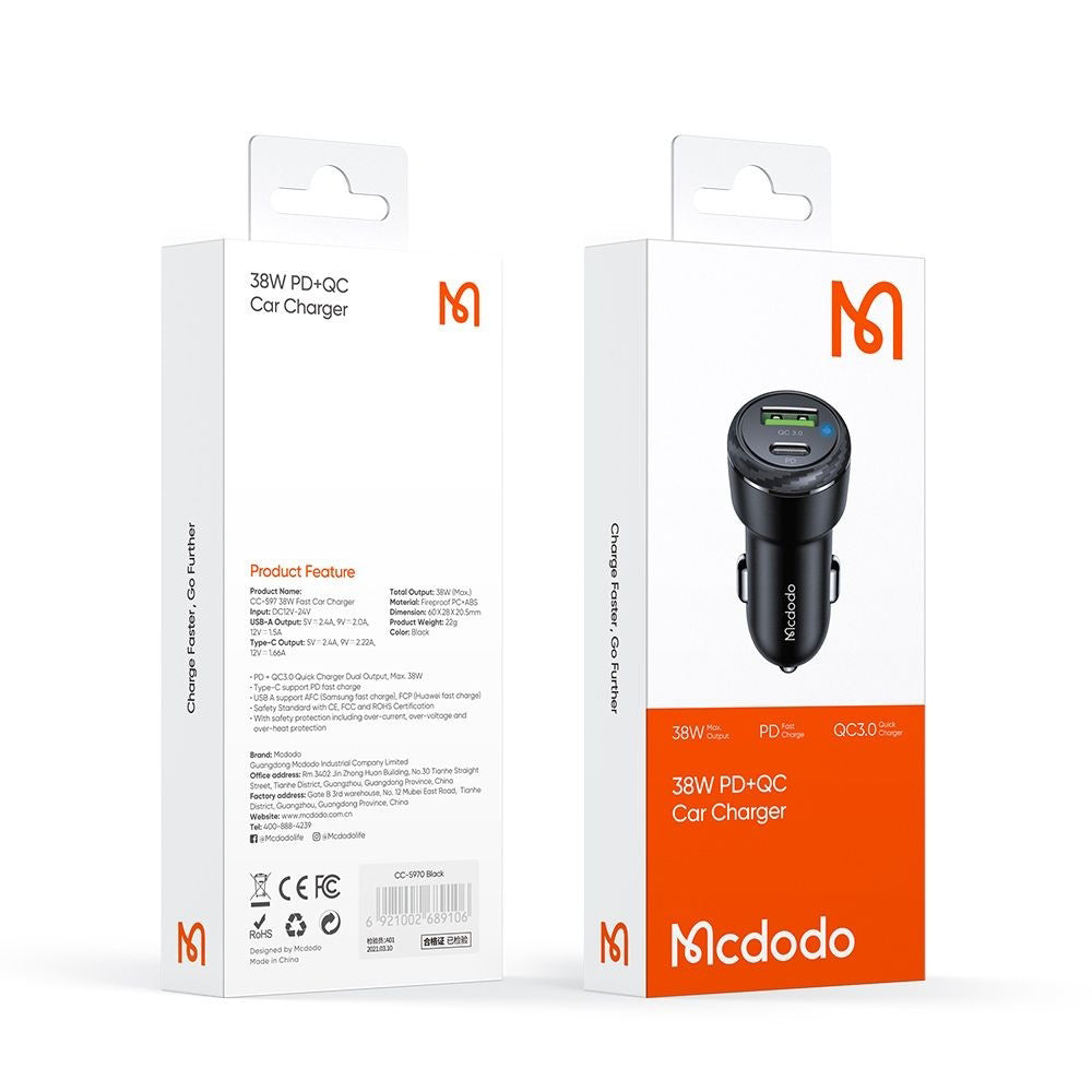 Auto nabíječka McDodo CC-5970, 38W, 3A, 1 x USB-A - 1 x USB-C, Černá