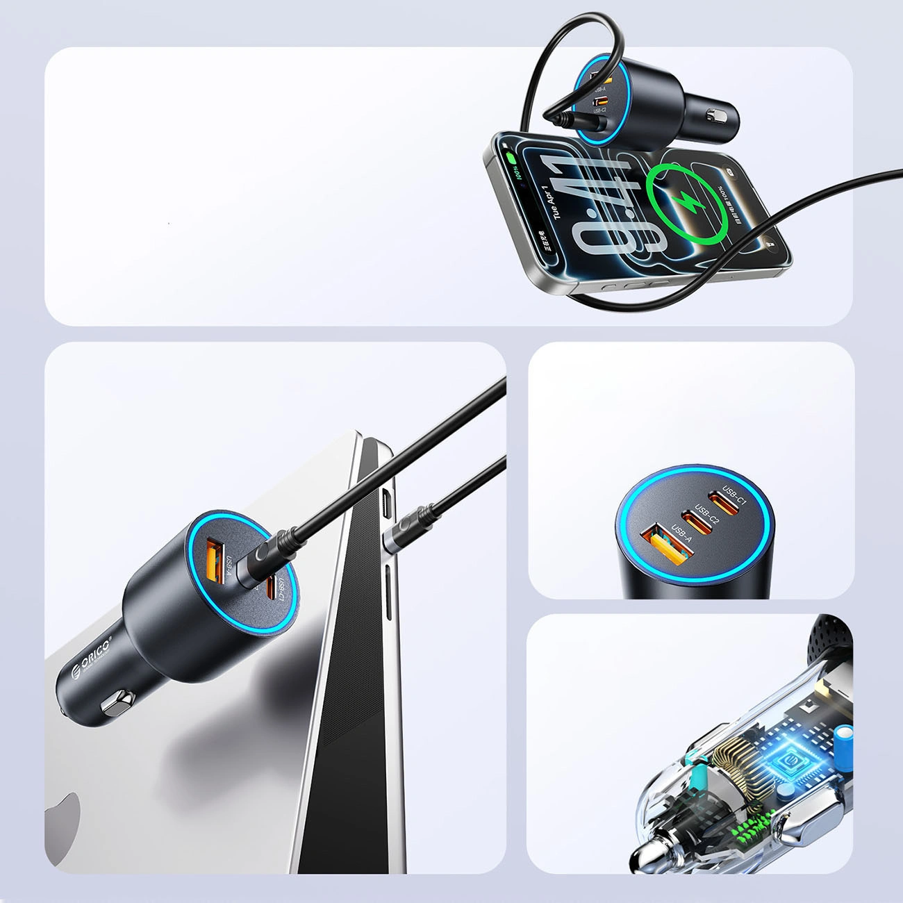 Auto nabíječka Orico HyperDrive, 165W, 5A, 1 x USB-A - 2 x USB-C, černá