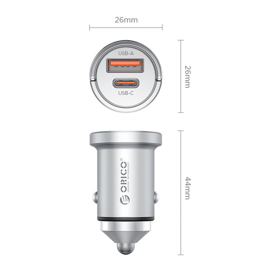 Auto nabíječka Orico MiniRing Pro, 45W, 3A, 1 x USB-A - 1 x USB-C, Stříbrná
