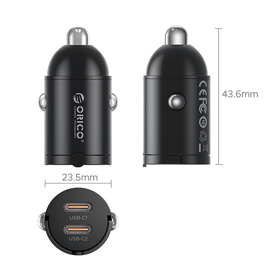 Auto nabíječka Orico MiniRing, 30W, 3A, 2 x USB-C, černá