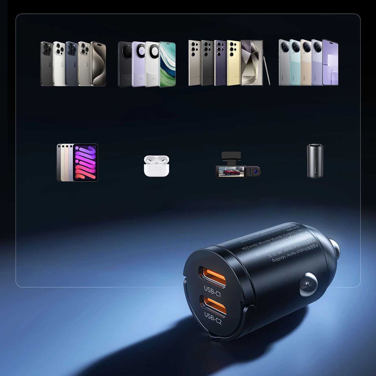 Auto nabíječka Orico MiniRing, 30W, 3A, 2 x USB-C, černá
