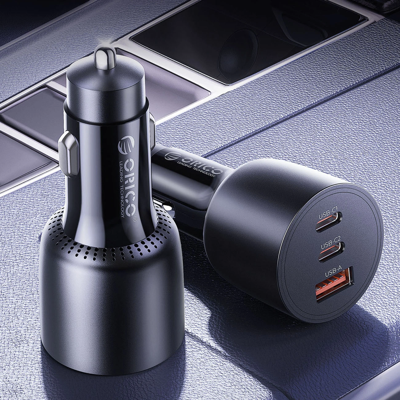 Auto nabíječka Orico PowerLink, 165W, 5A, 1 x USB-A - 2 x USB-C, Černá