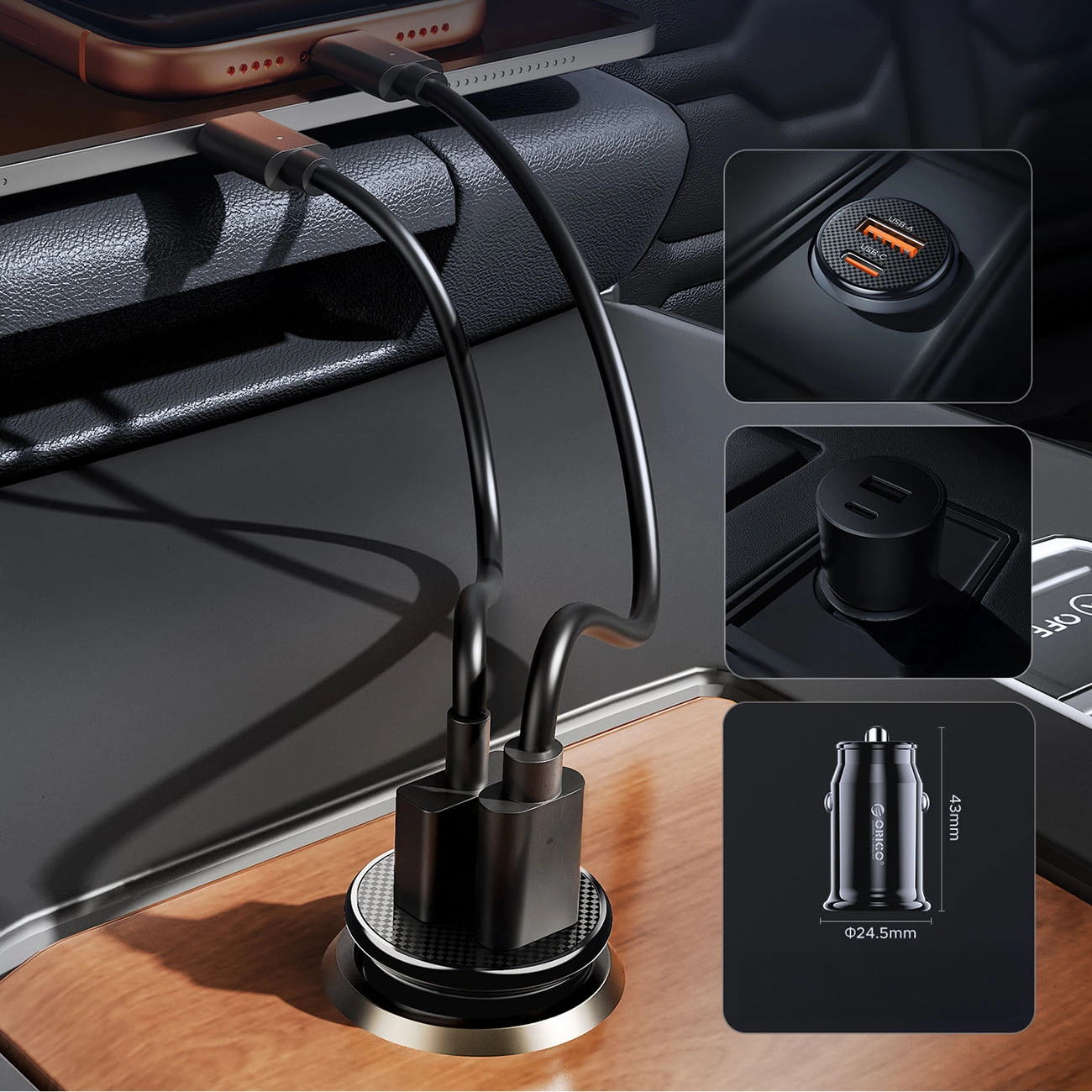 Auto nabíječka Orico PowerMini, 30W, 3A, 1 x USB-A - 1 x USB-C, černá