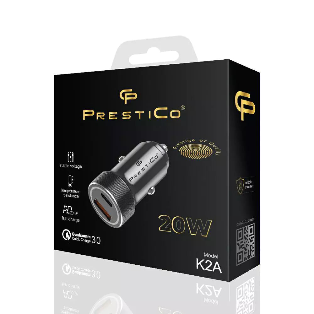 Auto nabíječka Prestico K2A, 20W, 3A, 1 x USB-A - 1 x USB-C, Černá