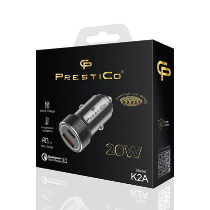 Auto nabíječka Prestico K2A, 20W, 3A, 1 x USB-A - 1 x USB-C, Černá
