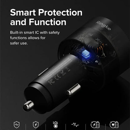 Auto nabíječka Ringke, 30W, 3A, 1 x USB-A - 2 x USB-C, Černá