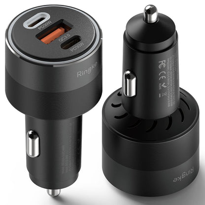 Auto nabíječka Ringke, 30W, 3A, 1 x USB-A - 2 x USB-C, Černá