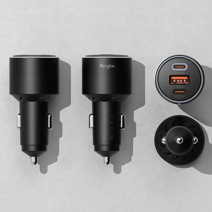 Auto nabíječka Ringke, 30W, 3A, 1 x USB-A - 2 x USB-C, Černá