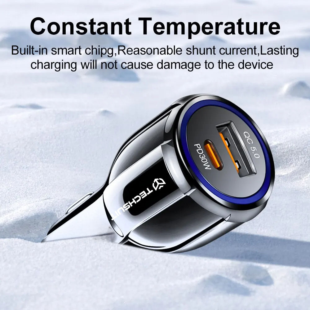 Techsuit TE-022 Premium Car Charger, 60W, 3A, 1 x USB-A - 1 x USB-C, Black