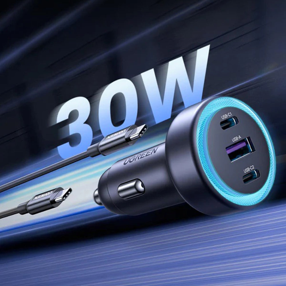 Autonabíječka UGREEN EC307, 30W, 3A, 1 x USB-A - 2 x USB-C, šedá