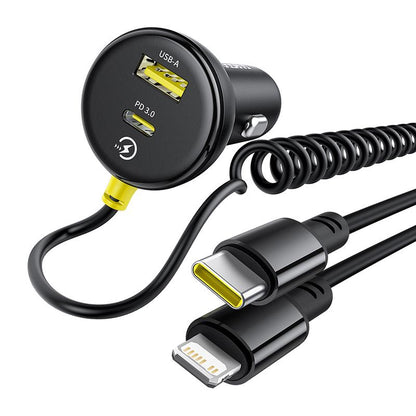 Baseus Circular Car Charger with USB-C / Lightning Cable, 60W, 3A, 1 x USB-A - 1 x USB-C, Black C00035902121-00
