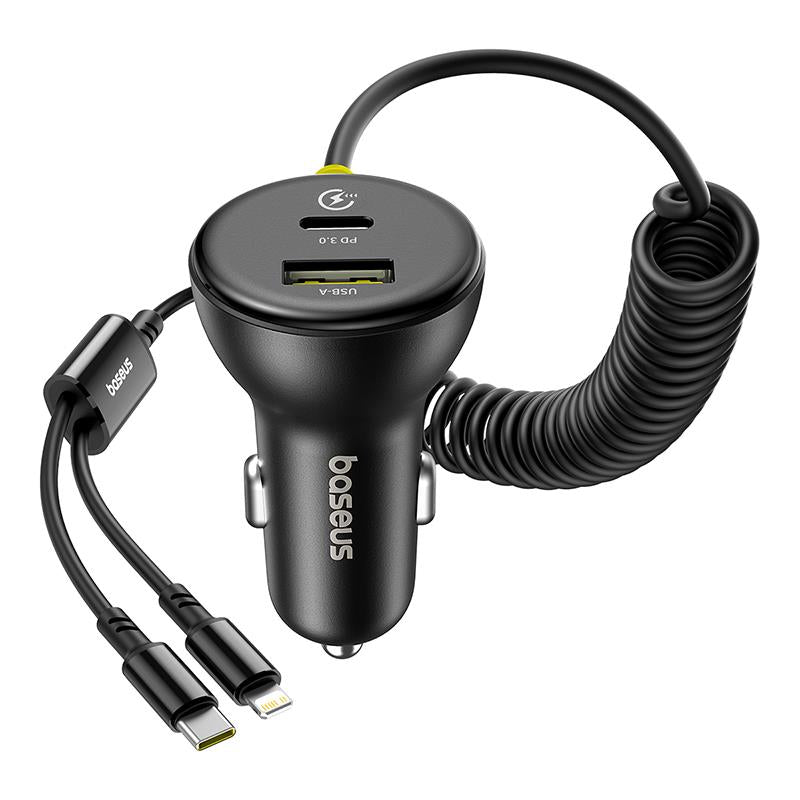 Baseus Circular Car Charger with USB-C / Lightning Cable, 60W, 3A, 1 x USB-A - 1 x USB-C, Black C00035902121-00