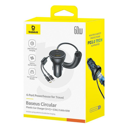 Baseus Circular Car Charger with USB-C / Lightning Cable, 60W, 3A, 1 x USB-A - 1 x USB-C, Black C00035902121-00