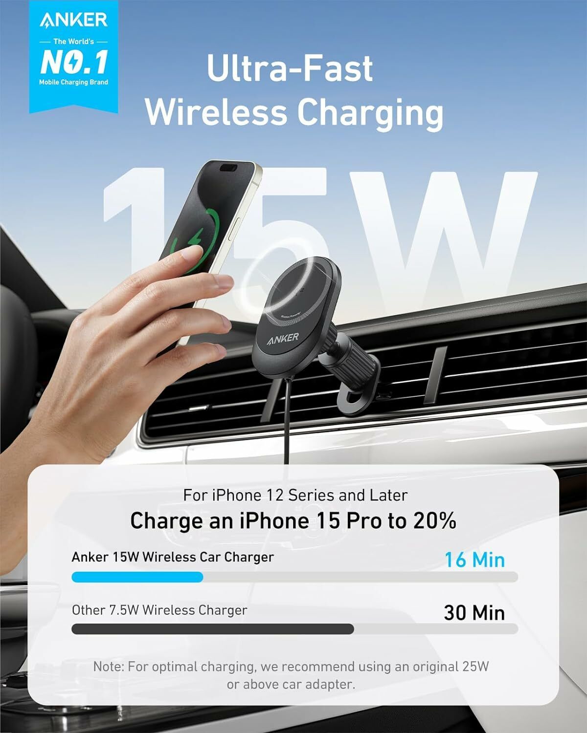 Bezdrátová autonabíječka Anker MagGo, 15W, 1.67A, Černá B2932G11