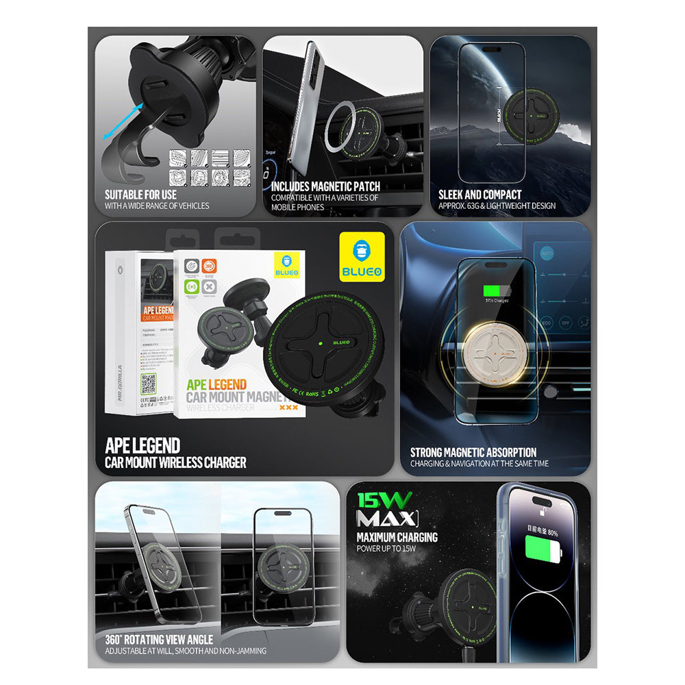 Bezdrátová autonabíječka Blueo Ape Legend, 15W, 1.67A, černá