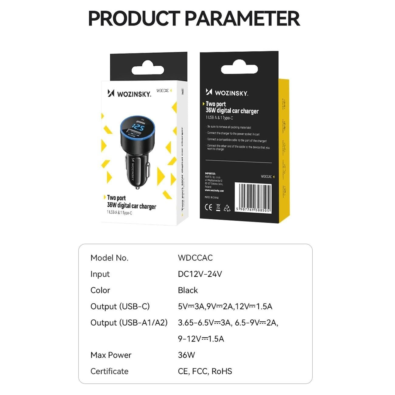 Nabíječka do auta WZK WDCCAC, 36W, 3A, 1 x USB-A - 1 x USB-C, černá 