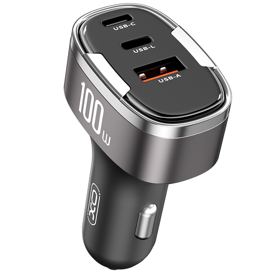 Auto nabíječka XO Design CC61, 100W, 3A, 1 x Lightning - 1 x USB-A - 1 x USB-C, šedá