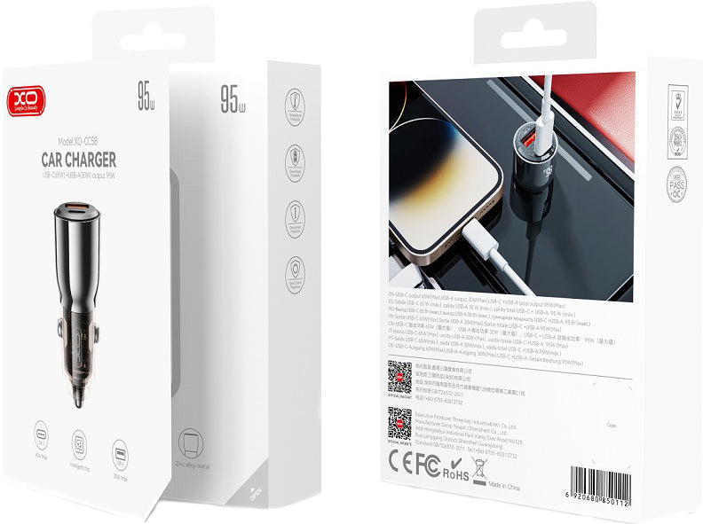 Autonabíječka XO Design CC58, 95W, 3.25A, 1 x USB-A - 1 x USB-C, Černá