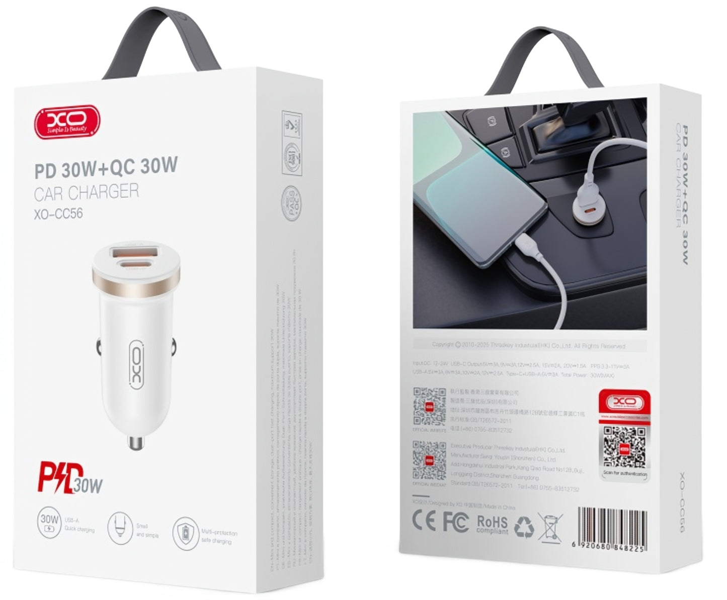 Auto nabíječka XO Design CC56, 30W, 3A, 1 x USB-A - 1 x USB-C, Bílá