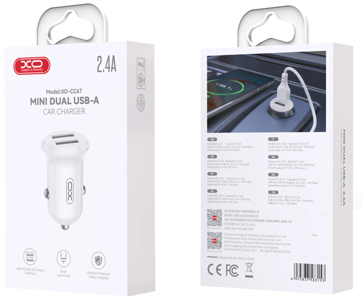 Auto nabíječka XO Design CC67, 12W, 2.4A, 2 x USB-A, Bílá