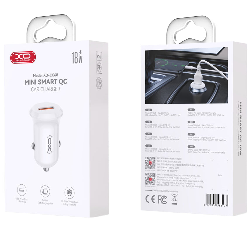 Auto nabíječka XO Design CC68, 18W, 3A, 1 x USB-A, Bílá