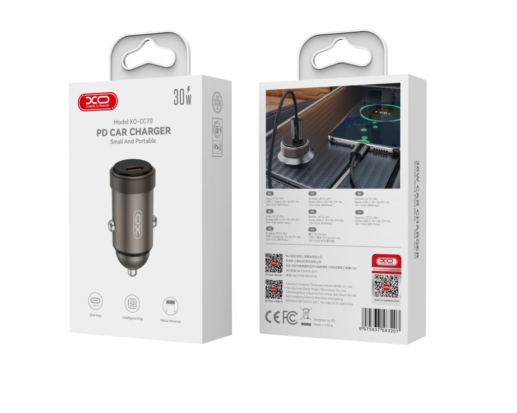 Auto nabíječka XO Design CC70, 30W, 3A, 1 x USB-C, Černá