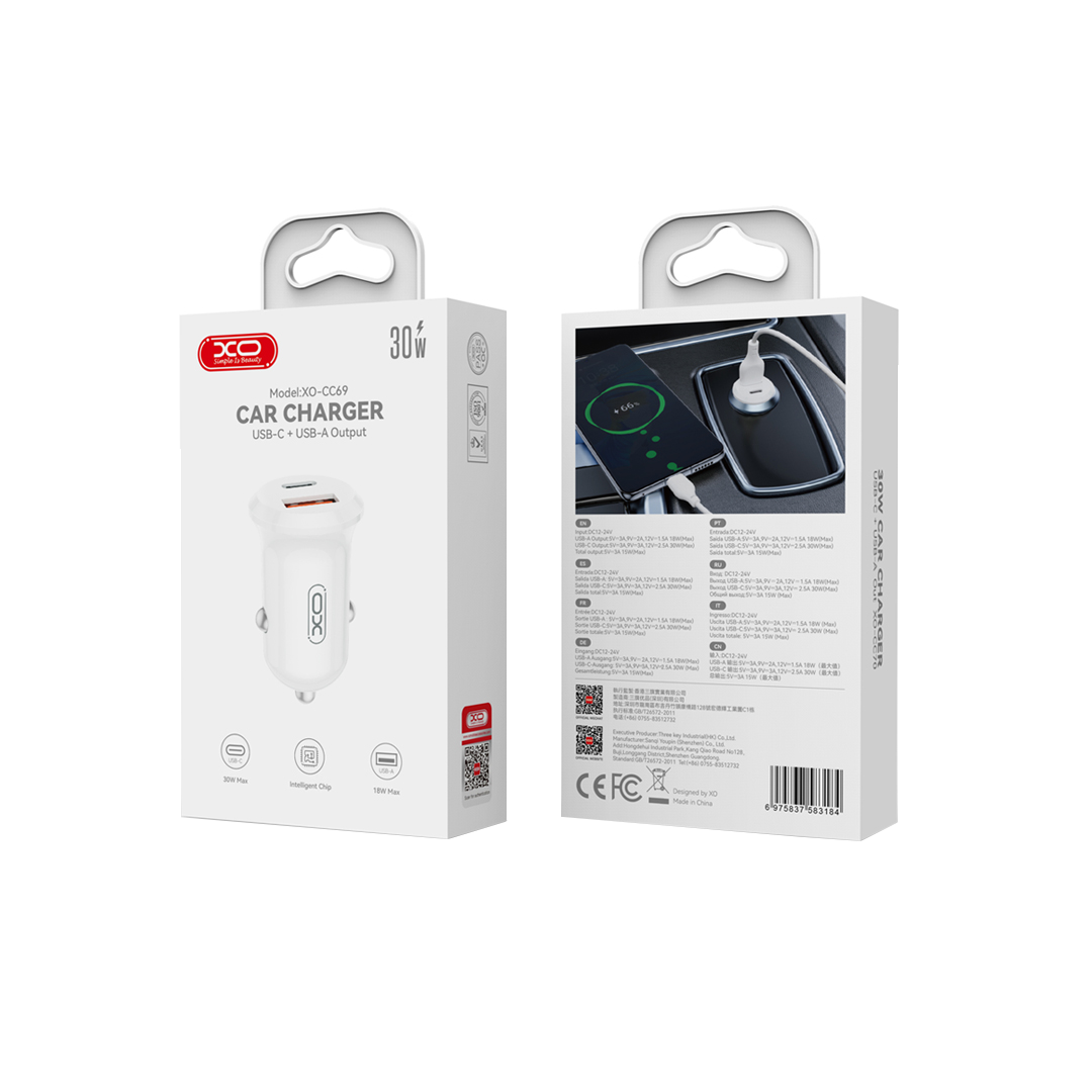 Auto nabíječka XO Design CC69, 30W, 3A, 1 x USB-A - 1 x USB-C, Bílá