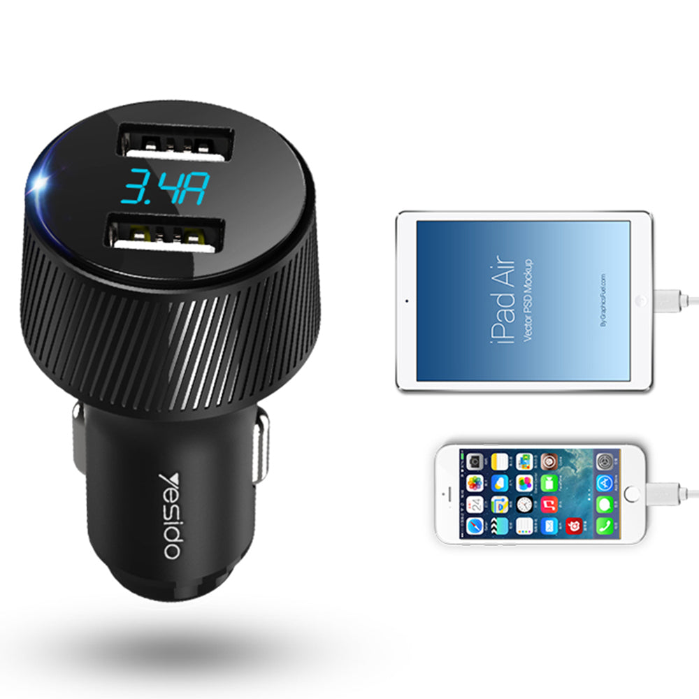 Auto nabíječka Yesido Y31 Display, 18W, 3A, 2 x USB-A, Černá