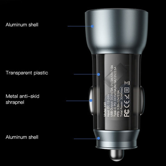 Auto nabíječka Yesido Y49, 30W, 3A, 1 x USB-A - 1 x USB-C, Šedá