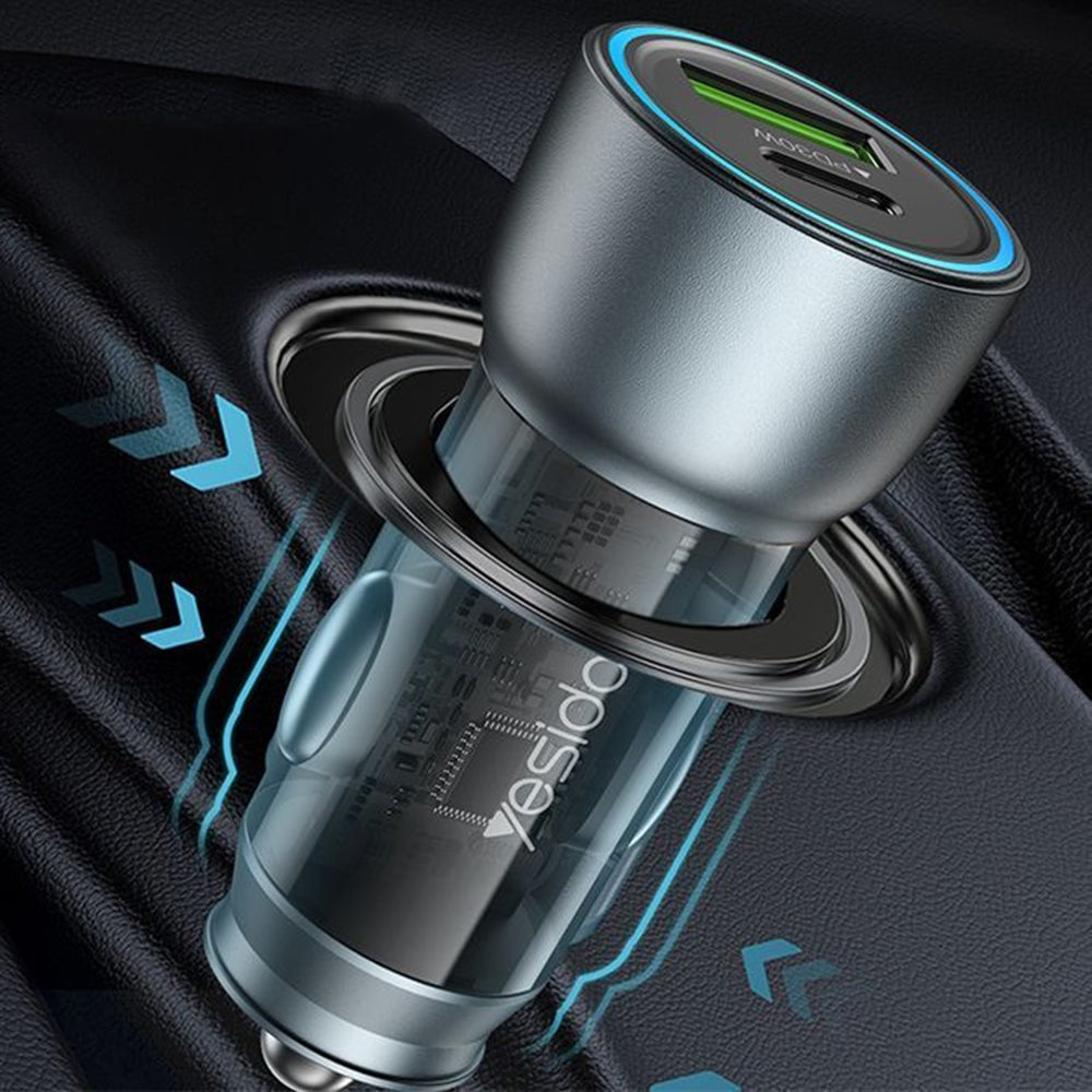 Auto nabíječka Yesido Y49, 30W, 3A, 1 x USB-A - 1 x USB-C, Šedá