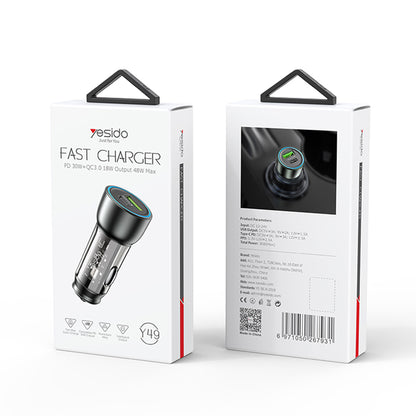 Auto nabíječka Yesido Y49, 30W, 3A, 1 x USB-A - 1 x USB-C, Šedá