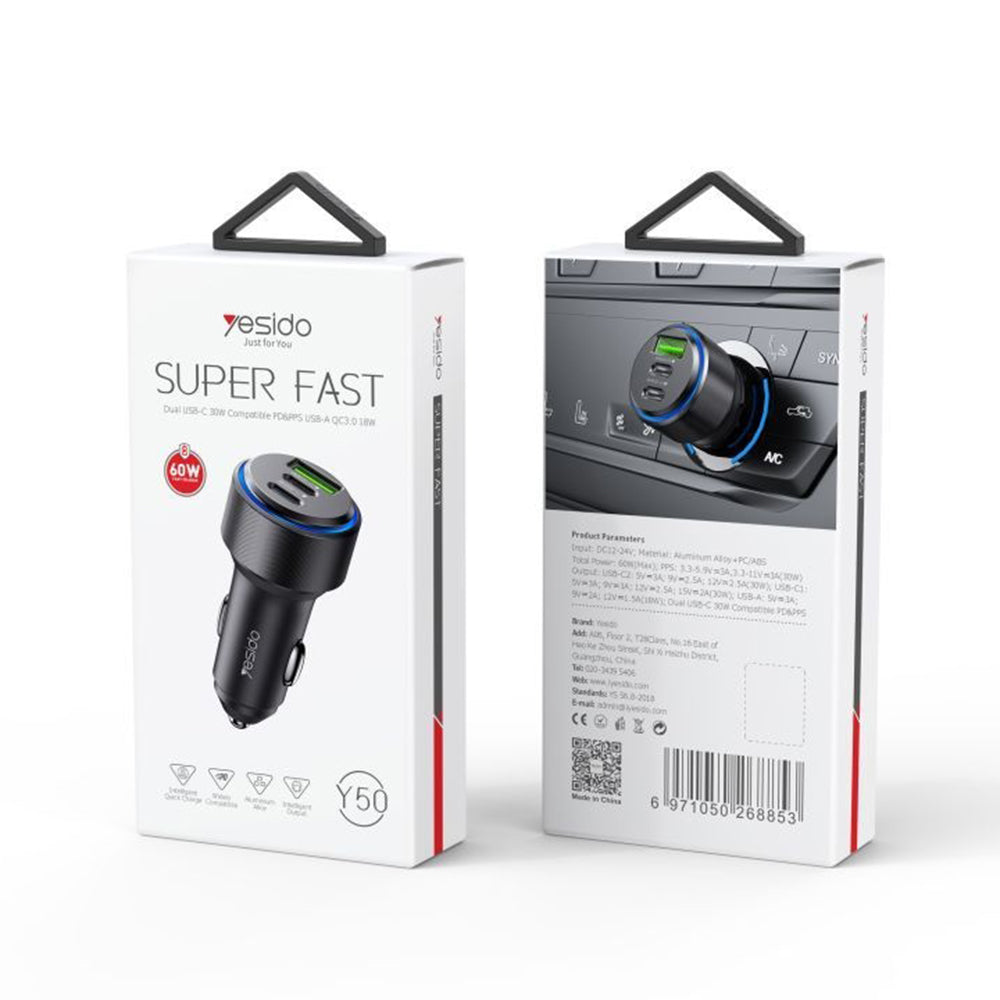Auto nabíječka Yesido Y50, 60W, 3A, 1 x USB-A - 2 x USB-C, Černá