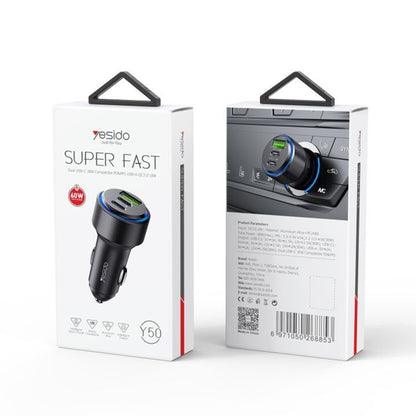 Auto nabíječka Yesido Y50, 60W, 3A, 1 x USB-A - 2 x USB-C, Černá