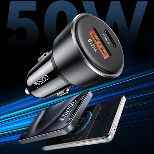 Auto nabíječka Yesido Y64, 50W, 3A, 1 x USB-A - 1 x USB-C, Černá