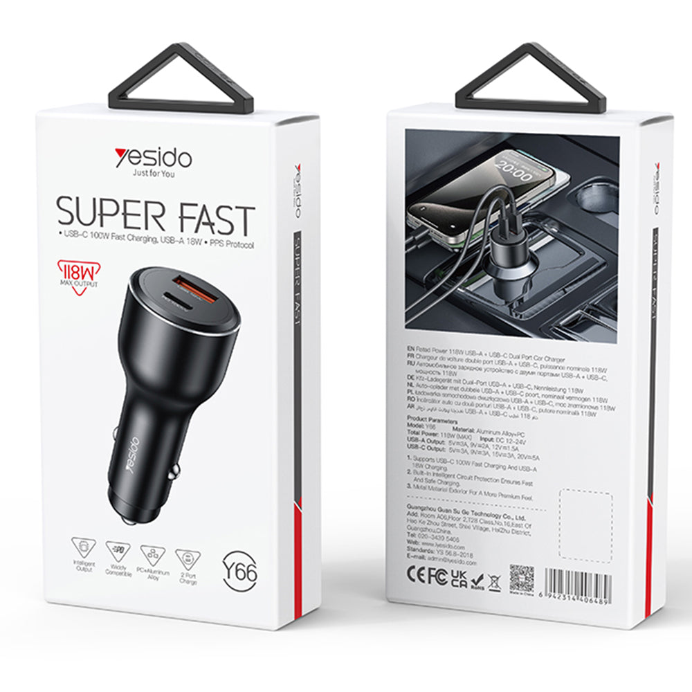 Auto nabíječka Yesido Y65, 100W, 5A, 1 x USB-A - 1 x USB-C, Černá