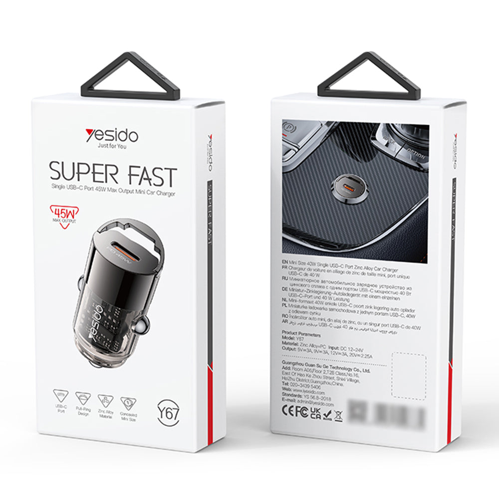 Auto nabíječka Yesido Y67, 45W, 3A, 1 x USB-C, Černá