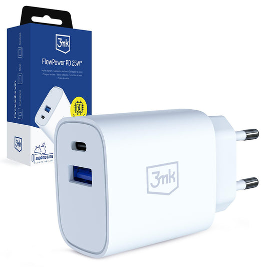 Síťová nabíječka 3MK FlowPower, 25W, 1 x USB-A - 1 x USB-C, bílá