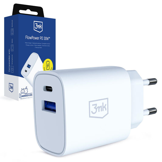 Síťová nabíječka 3MK FlowPower, 30W, 1 x USB-A - 1 x USB-C, bílá