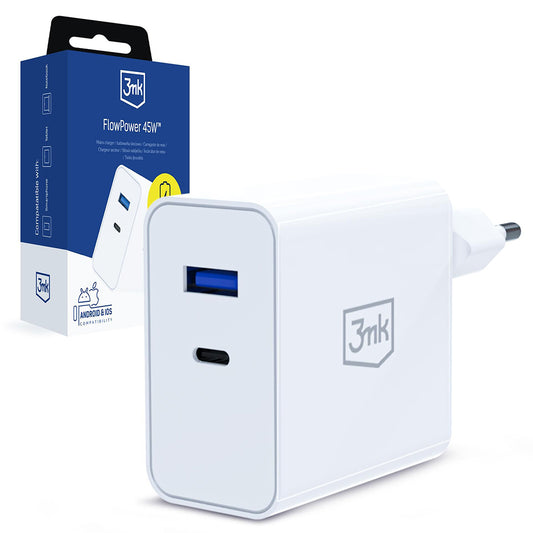 Síťová nabíječka 3MK FlowPower, 45W, 1 x USB-A - 1 x USB-C, bílá