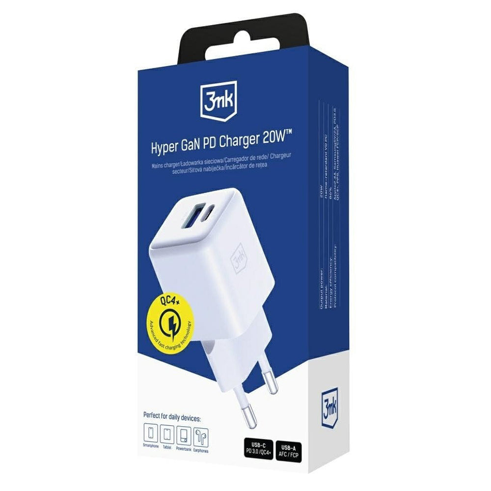 3MK Hyper Network Charger, 20W, 3A, 1 x USB-A - 1 x USB-C, White