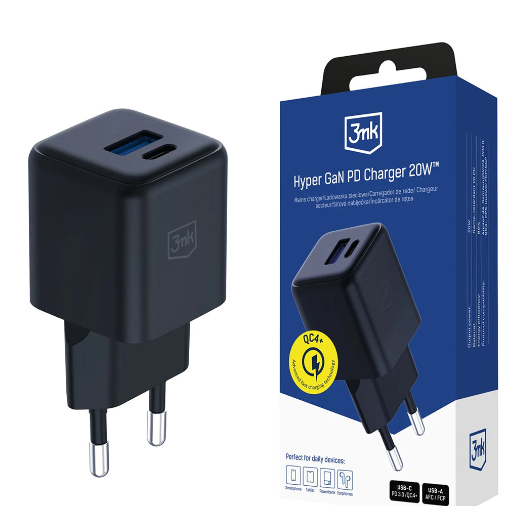 Síťová nabíječka 3MK Hyper, 20W, 3A, 1 x USB-A - 1 x USB-C, Černá