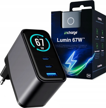 Síťová nabíječka 3MK InCharge Lumin Display, 67W, 5A, 1 x USB-A - 2 x USB-C, černá